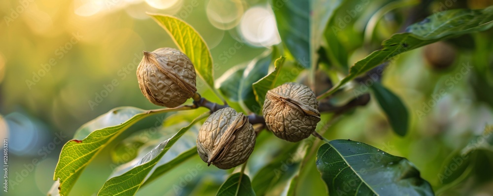 Aufkleber close up of three ripe walnuts growing on a walnut tree branch with green leaves