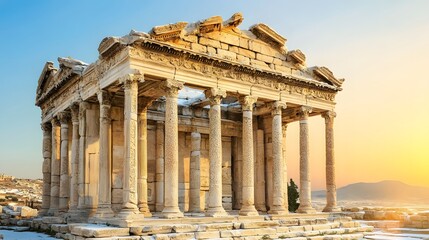 Obraz premium Ancient Greek Temple Ruins at Sunset Golden Hour