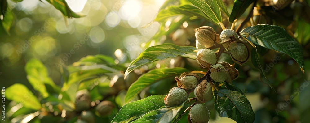 Poster pecan nuts growing on a tree branch with green leaves in an orchard