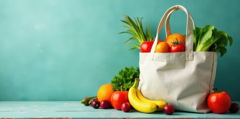 A canvas tote bursting with assorted fruits & veggies , market, sustainable shopping