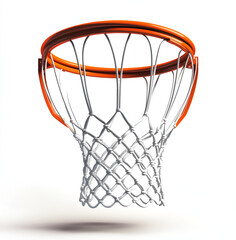 Basketball hoop with a white net and orange frame, isolated on a clear white background