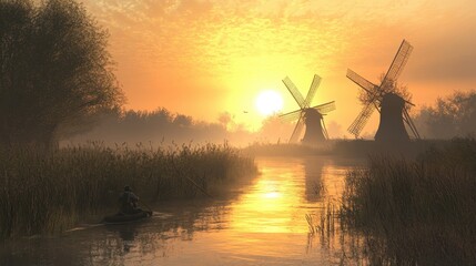 Serene Sunrise Over Canal With Windmills And Boatman