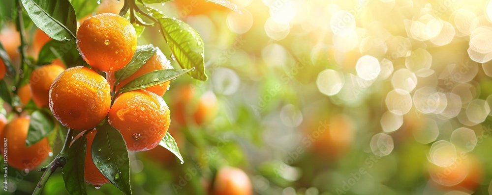 Poster sunlit tangerine fruits hanging on a branch with a blurred background