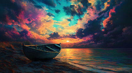 A serene moonlit scene featuring an old boat resting on the shore under a sky filled with colorful, dramatic clouds. Moonlit Harbor. Illustration