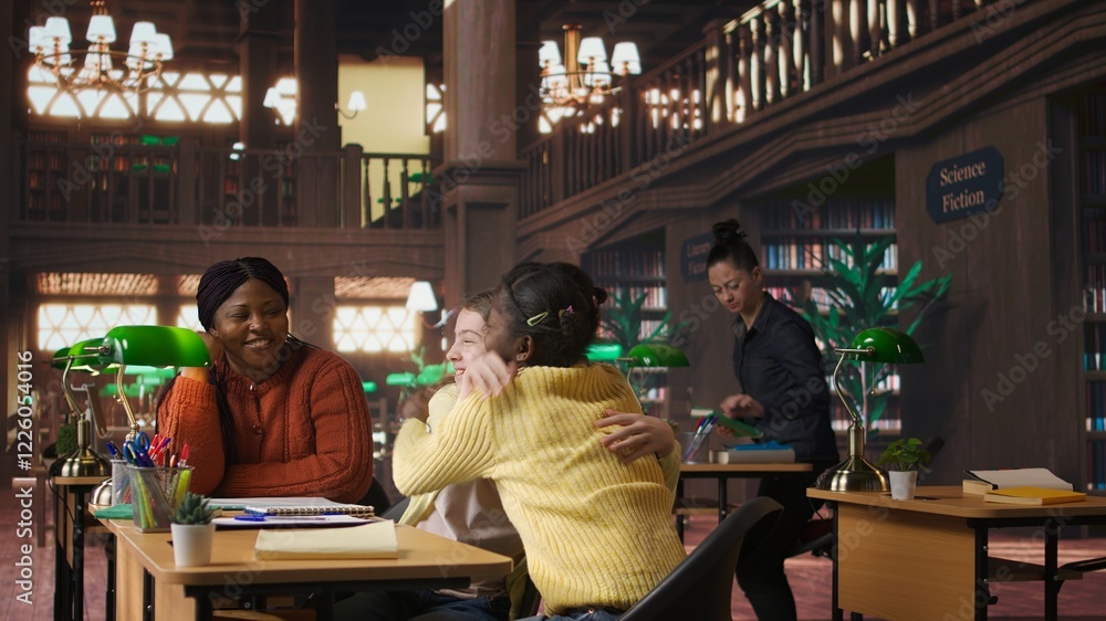 Poster cheerful diverse classmates sharing a high five during private lessons with tutor in the library, fi
