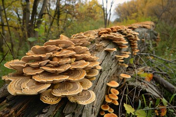 Abundant growth of dryads saddle mushrooms on fallen tree trunk creates stunning natural artistry