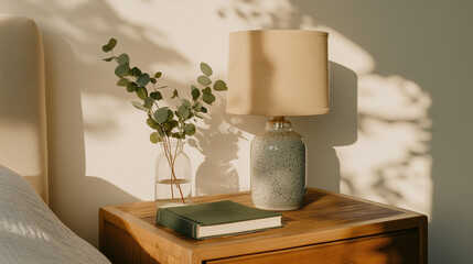 
Scandinavian-style bedside table with a ceramic table lamp, a hardcover book, a glass of water, and a sprig of eucalyptus in a tiny vase, cool muted tones, clean line
