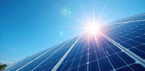 Gleaming solar panels against vivid blue sky, sun ablaze , technology, photovoltaic