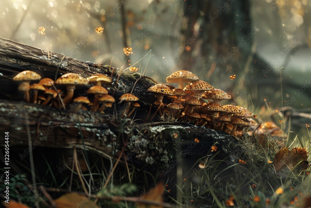 Poster group of small orange mushrooms on a moss-covered log with shimmering light in the backdrop