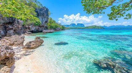 Fototapeta premium Secluded tropical beach, clear turquoise water, limestone cliffs, island background, perfect vacation getaway