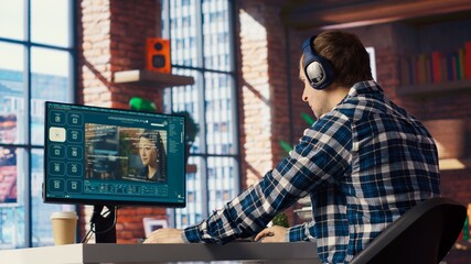 Man listening music while using AI program turning text prompt into videos. Person putting on...