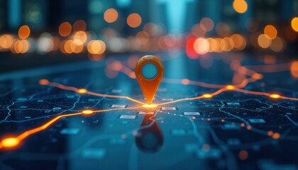 Digital map shows routes, destinations. AI pins highlight delivery points. Tech revolutionizes future transport logistics. City lights blur in background. Modern interface displays routes.