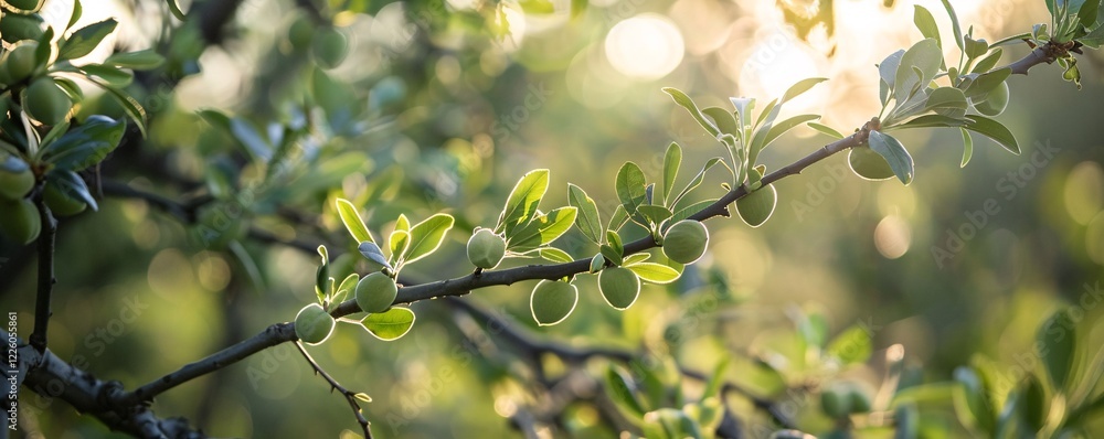 Poster close-up of an unripe almond branch illuminated by the warm glow of the setting sun