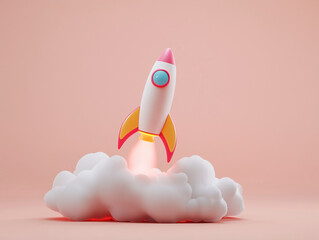 3d rocket ship, Rocket launch, business concept on pink background