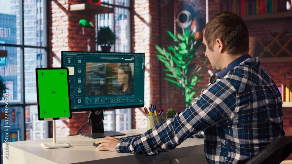 Poster man watching video guide on mockup device about generative artificial intelligence generating videos