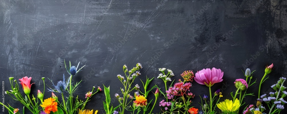 Poster Floral arrangement creating a bottom border with space for text against a dark backdrop
