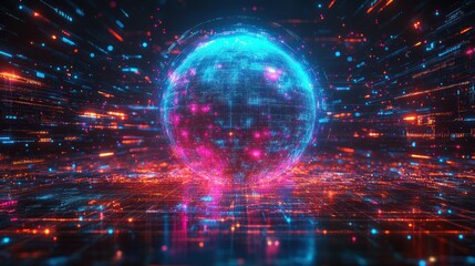 Obraz premium Digital Global Network: A vibrant sphere of interconnected data streams and glowing lines, symbolizing the global digital network and the flow of information.