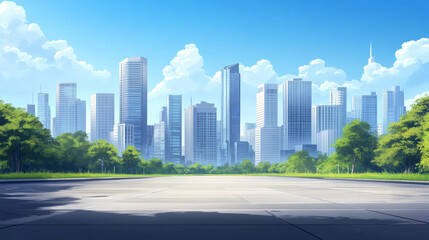  "Urban Horizons: A Modern Cityscape with Asphalt Road and Skyline"