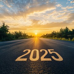 Golden sunlight illuminates a road with the year 2025 marked on it, symbolizing hope, the journey ahead, and new beginnings.