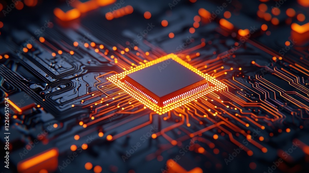 Poster close-up of orange and black microchip on circuit board background