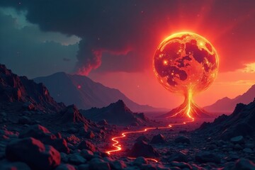 Earth ablaze, volcanic eruption style inferno, yellow, red