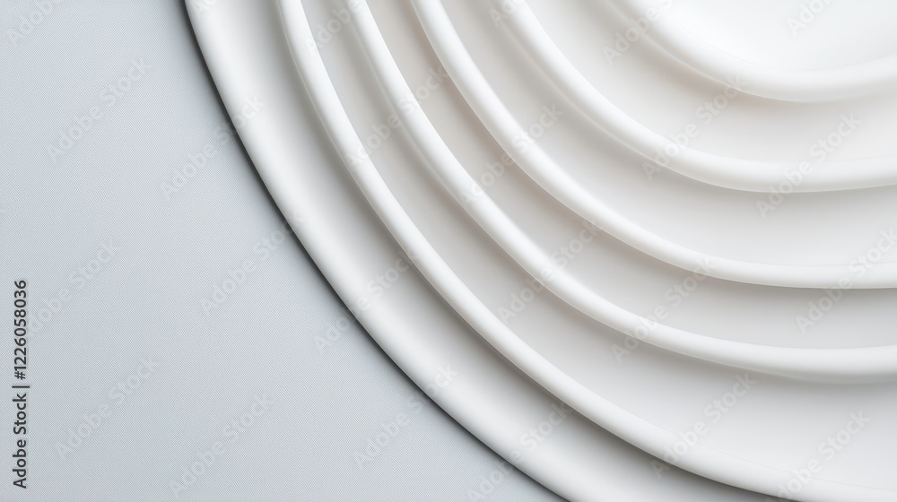 Poster elegant white plates arranged in layered pattern on soft background