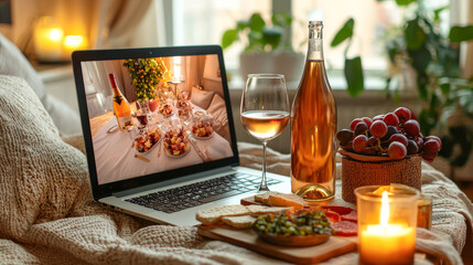 Virtual Purim Celebration with Interactive Festive Table Setting. Experience Online Festivities with Wine and Culinary Delights. Concept of Cultural Celebrations, Digital Gatherings, Holiday Joy