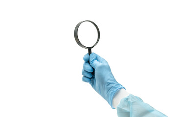 Hand in Latex Glove Holding a Magnifying Glass, PNG