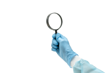 Hand in Latex Glove Holding a Magnifying Glass, PNG