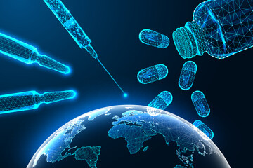 Global pharmaceutics concept with glowing syringe, pills, ampoules, medicine bottle over Earth. 