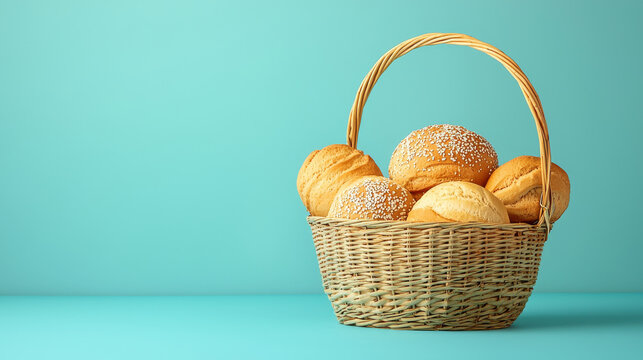 Purim Mishloach Manot Gift Basket with Fresh Bread Rolls. Festive Jewish Celebration and Traditional Food Arrangement. Concept of Gift Giving, Community Sharing, Holiday Traditions. Copy space