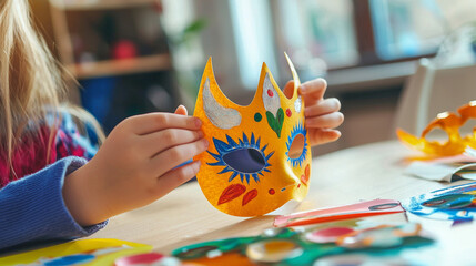 Creative child making Purim crafts with colorful mask. Young girl enjoying artistic activities indoors. Concept of Jewish holidays, kids' creativity, cultural traditions, hands-on crafting fun