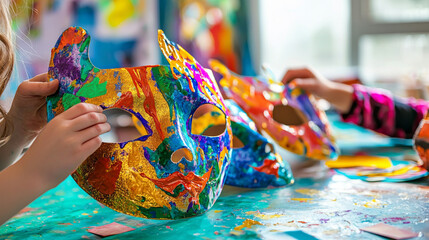 Obraz premium Creative Purim Themed Crafts for Kids with Colorful Mask Making. Children Engaged in Artistic Activities. Concept of Cultural Celebration, Creativity, Imagination, Festive Fun