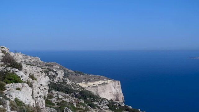 Aerial drone view of Dingli cliffs in Malta and Mediterranean Sea.
