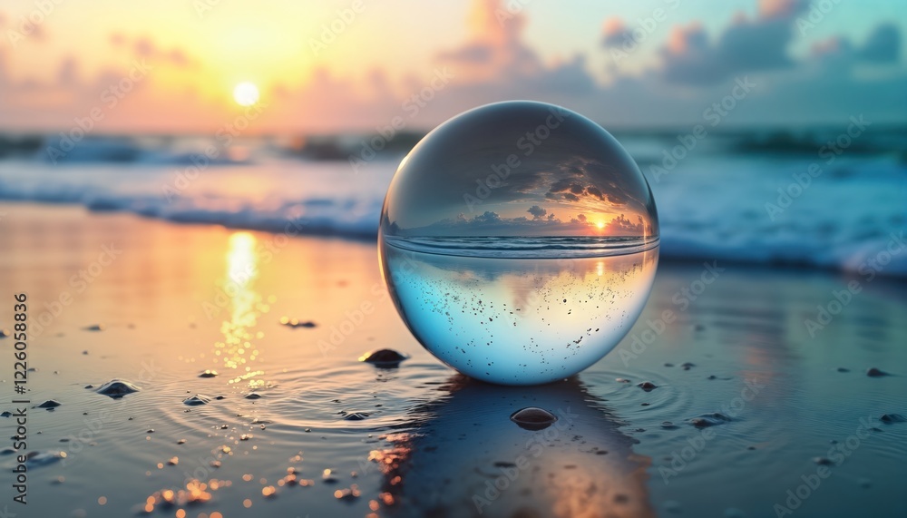 Poster crystal ball captures sunrise over sea. seascape reflected in transparent sphere. ocean waves gently