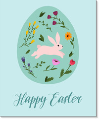 Easter card. Easter bunny on an egg. Multicolored egg with spring flowers. Vector illustration