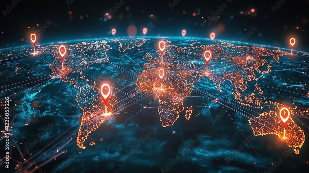 Poster illuminated world map with location pins and network connections