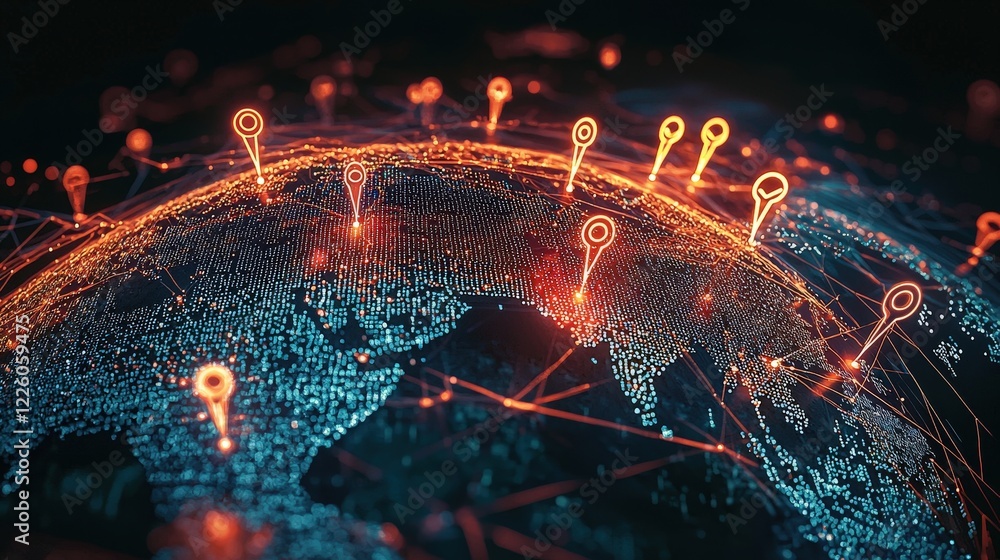 Poster global network map with bright orange markers and digital elements