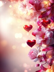 Romantic pink roses, hearts, ribbons; sparkling background; Valentine's card