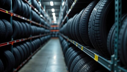 Obraz premium Indoor auto shop storage space. Many new car tires stacked neatly on metal shelves. Automotive parts, equipment visible. Wide range of tire sizes, models available for customers. Workshop organized,