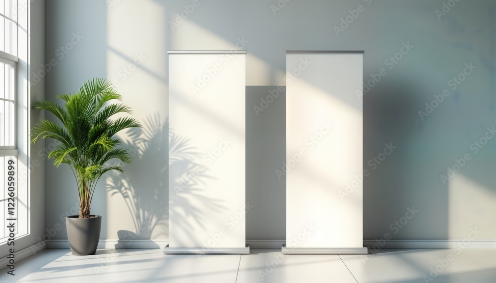 Aufkleber indoor shot of two tall empty roll-up banners. stand vertically against light gray wall. sunlight ca