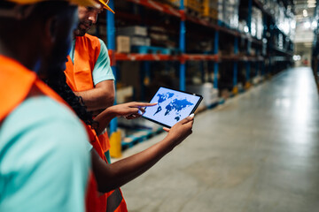 Warehouse workers using digital tablet showing world map for logistics and distribution