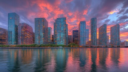 Fototapeta premium Manhattan Skyline at Sunset: A Vibrant Cityscape Reflection