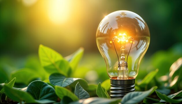 Illuminating idea nestled in vibrant green leaves. Sustainable energy solution concept. Eco-friendly initiatives for industrial sectors. Energy efficiency programs. Innovation, optimization for