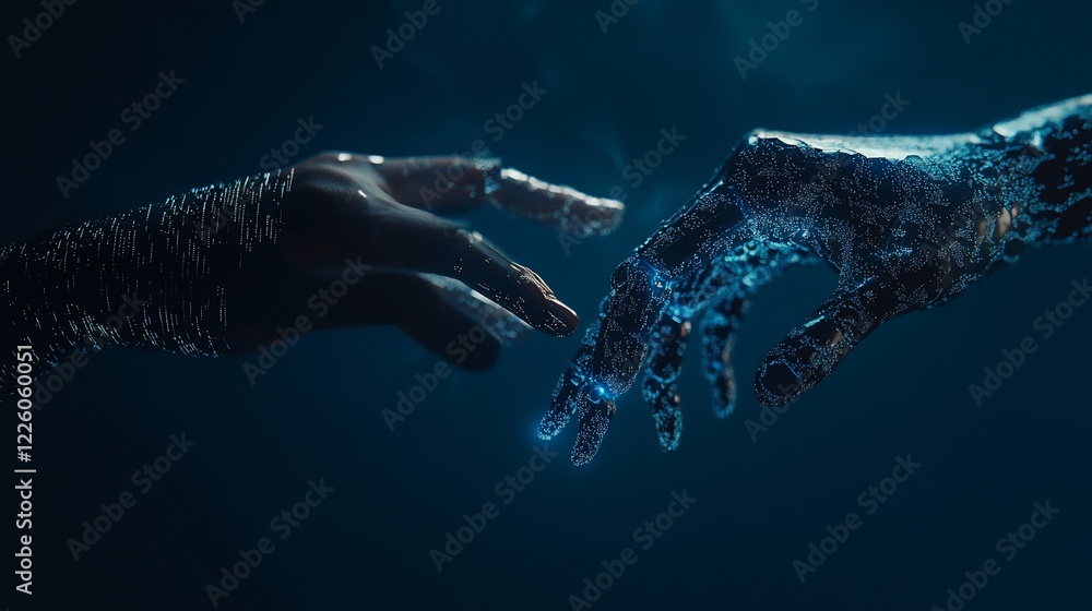 Poster abstract hands reaching out in digital form against a dark blue background symbolizing connection an