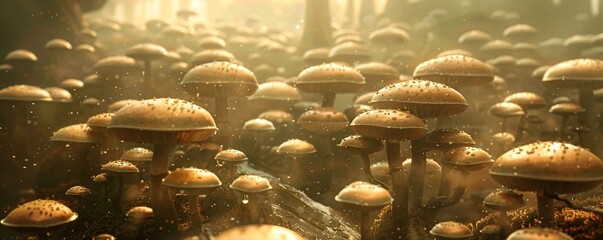 Sunlit golden mushrooms thrive on a fallen log in the forest