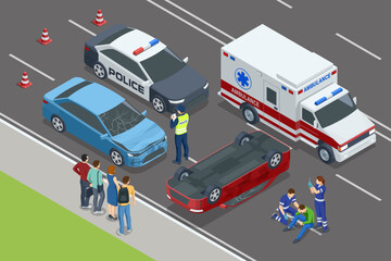 Car crash. Isometric vector showing a car flipped over near on road. Police and paramedics are assisting an injured individual, with a police car and ambulance nearby. © Golden Sikorka