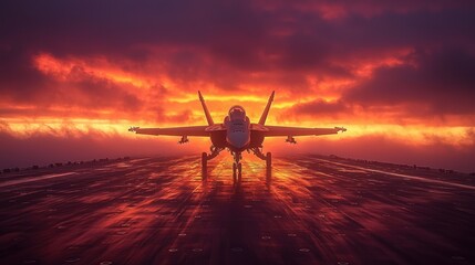 Fiery Sunset Over Aircraft Carrier: Super Hornet's Silhouette