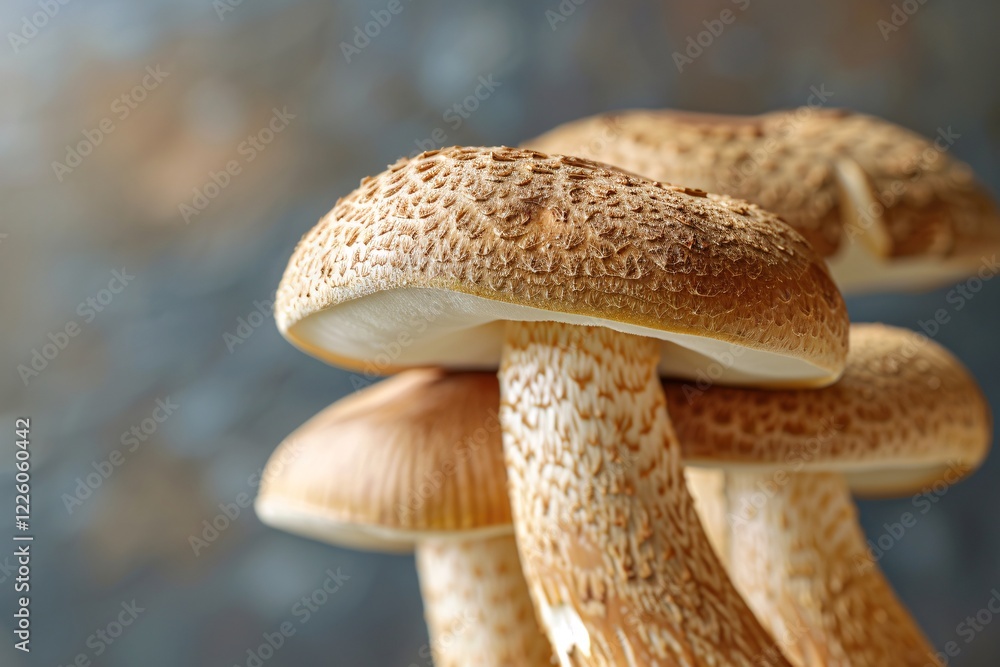 Poster close-up of a cluster of shiitake mushrooms showing gills and stems