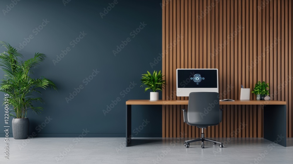 Poster modern minimalist office workspace with desk and computer setup